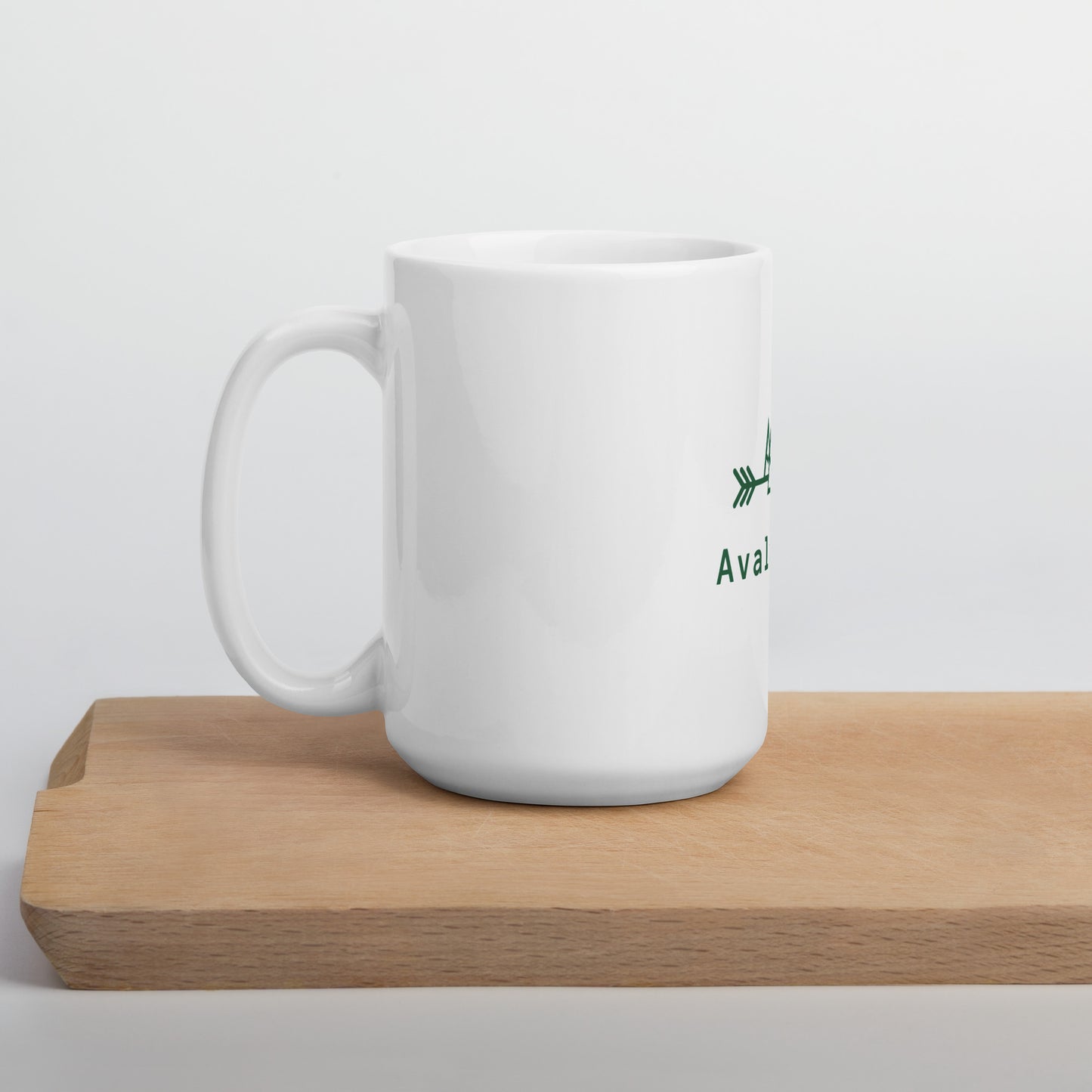 White Mug with a Central Spruce Green Avalanche Logo