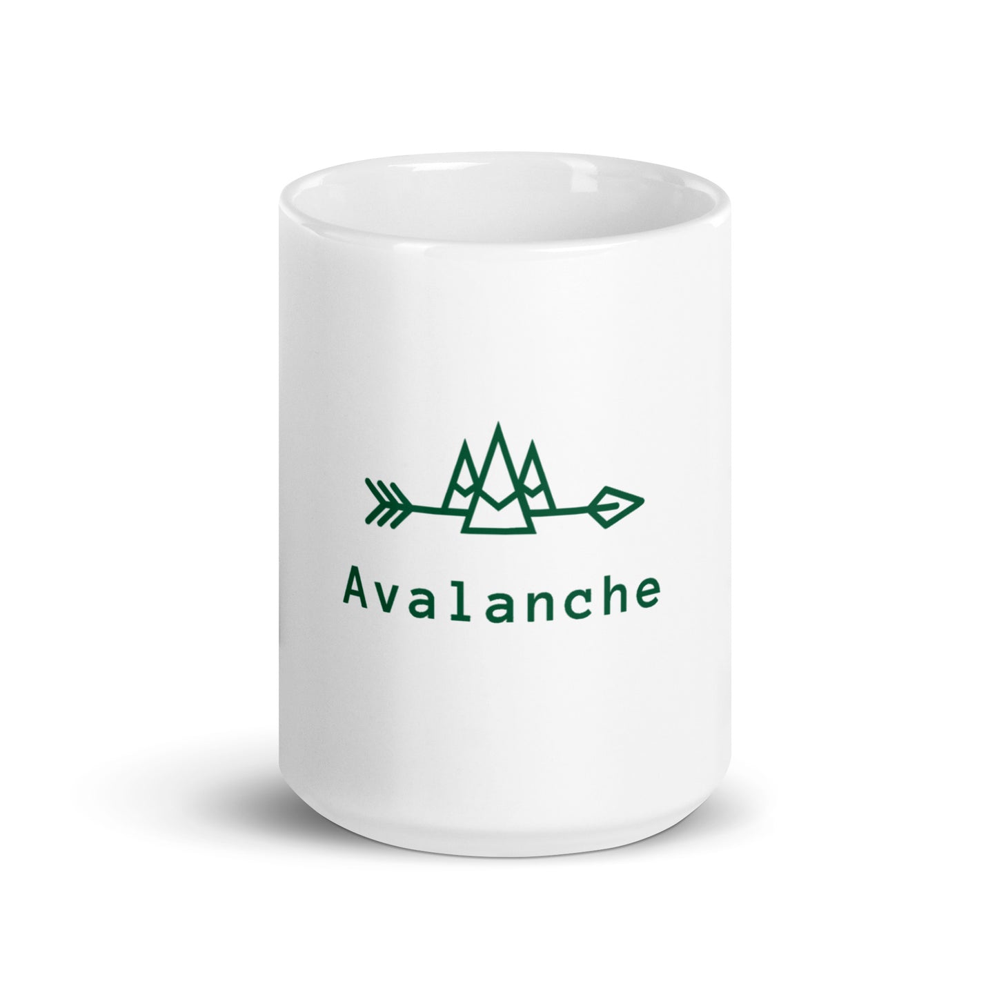 White Mug with a Central Spruce Green Avalanche Logo